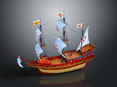Vintage Wooden Sailing Ship Model With Multiple Sails And Decorative Flags 3d model
