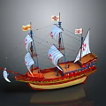 Vintage Wooden Sailing Ship Model With Multiple Sails And Decorative Flags
