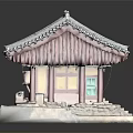 Ancient Traditional Architecture With Curved Tile Roof Red Walls Green Windows And Stone Base