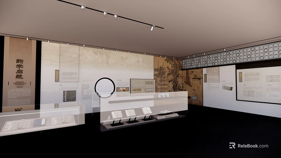 Exhibition Hall Interior Design With Glass Display Cases And Wall Artworks 3d model 