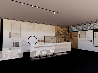 Exhibition Hall Interior Design With Glass Display Cases And Wall Artworks 3d model