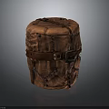 Brown Cylindrical Household Storage Item With Stitched Design And Leather Strap Buckle
