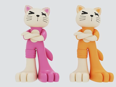 Cute Cartoon Cat Decorative Figurine Set With Pink And Orange Crossed Arms Standing Design 3d model