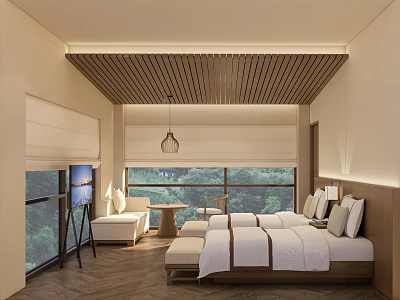 Hotel Room With Large Bed Wooden Slat Ceiling And Green View Through Windows 3d model