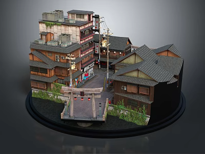 Cartoon Scene Of Chinese Traditional Town With Wooden Houses Tile Roofs Small Bridge And Greenery 3d model