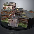 Cartoon Scene Of Chinese Traditional Town With Wooden Houses Tile Roofs Small Bridge And Greenery