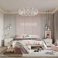 Kids Room Interior With Pink Headboard Stuffed Toys Crystal Chandelier And Pink Bean Bag Chair