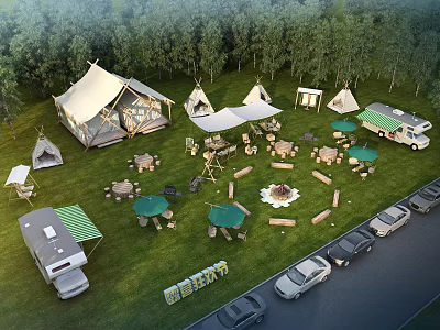Campsite With Tents RVs Tables Chairs Fire Pit And Lush Trees On Grass 3d model