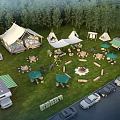 Campsite With Tents RVs Tables Chairs Fire Pit And Lush Trees On Grass