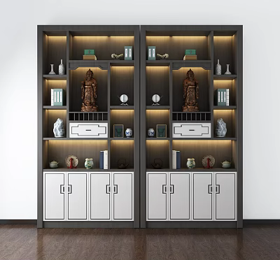 Double Buddhist Shrine Cabinets With Buddha Statues Vases Books And Illuminated Design 3d model