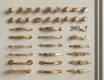 Golden Furniture Handles With Various Designs And Styles For Cabinet And Drawer Decoration 3d model