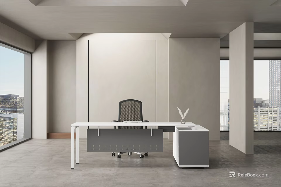 Modern White Office Desk With Black Chair In Bright Office Space With Large Windows 3d model 