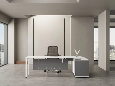 Modern White Office Desk With Black Chair In Bright Office Space With Large Windows 3d model