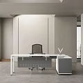 Modern White Office Desk With Black Chair In Bright Office Space With Large Windows