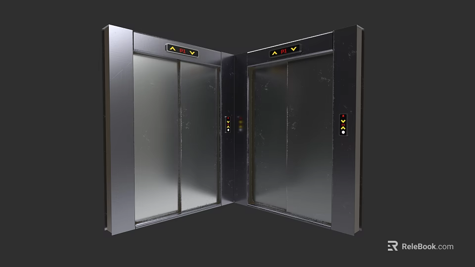 Two Modern Silver Elevators With Metal Exterior Buttons And Indicator Lights 3d model 