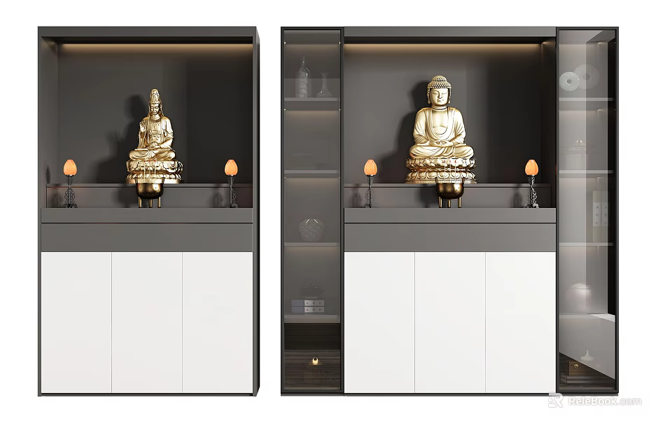 Modern Buddhist Shrine Cabinet Design With Buddha Statue Warm Lighting Glass Doors And Shelves 3d model 