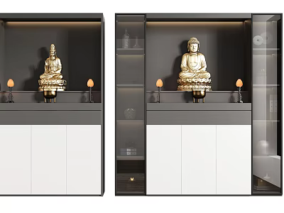 Modern Buddhist Shrine Cabinet Design With Buddha Statue Warm Lighting Glass Doors And Shelves 3d model