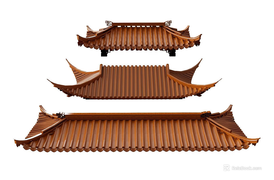 Traditional Chinese Style Roof Components With Brown Tiles And Curved Eaves Structures 3d model 