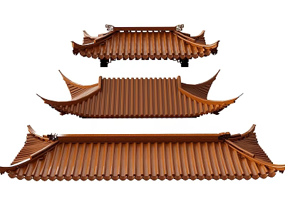 Traditional Chinese Style Roof Components With Brown Tiles And Curved Eaves Structures 3d model