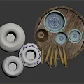 Traditional Household Items Including Blue And White Porcelain Vases Wooden Barrel And Small Bowls