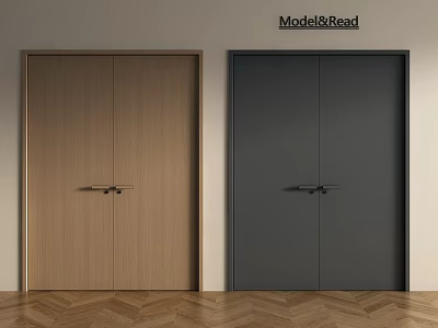 Modern Double Doors Wooden And Dark Gray Sleek With Light Wall Herringbone Wooden Floor 3d model