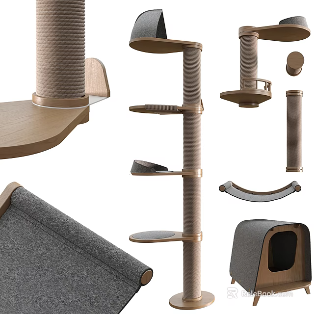 Modern Wooden Cat Tree Components With Gray Scratching Posts And Platforms 3d model 