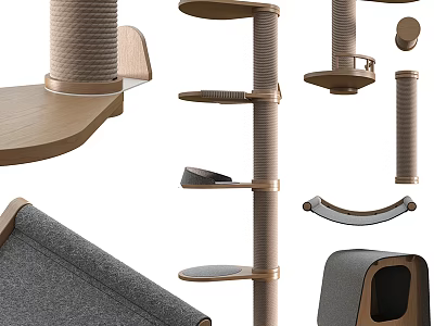Modern Wooden Cat Tree Components With Gray Scratching Posts And Platforms 3d model