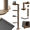 Modern Wooden Cat Tree Components With Gray Scratching Posts And Platforms 3d model