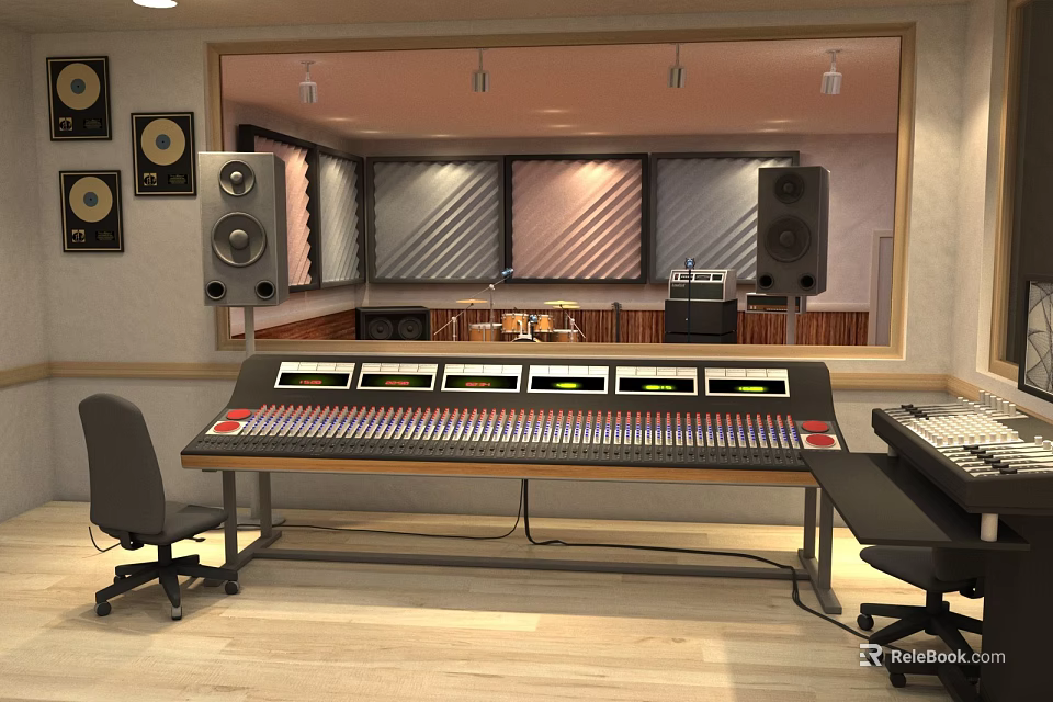 Professional Recording Studio With Mixing Console Studio Monitors And Acoustic Panels 3d model 