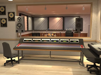 Professional Recording Studio With Mixing Console Studio Monitors And Acoustic Panels 3d model