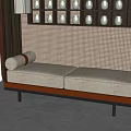 Modern Sofa Bench With Beige Cushions Brown Frame Gray Floor And Wall Shelf 3d model