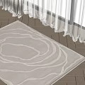 Light Beige Square Rug With Circular Patterns On Wooden Floor Under Sunlight And Curtains