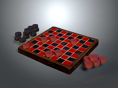 Classic Wooden Chessboard With Red Black Checkered Pattern And Scattered Pieces 3d model