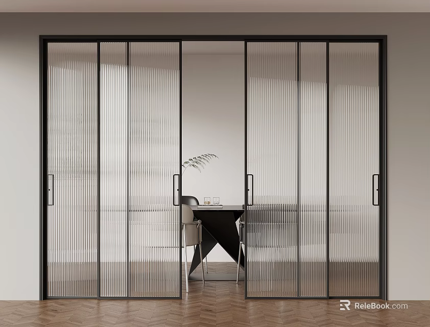 Modern Sliding Doors with Black Frame and Vertical Stripe Glass for Interior Space Divider 3d model