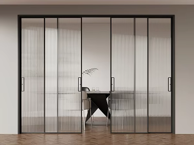 Modern Sliding Doors with Black Frame and Vertical Stripe Glass for Interior Space Divider 3d model