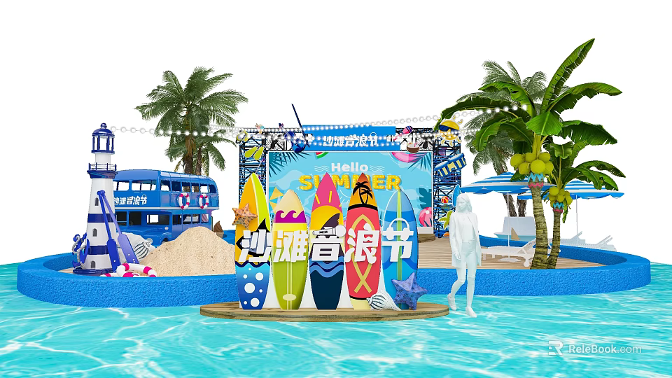 Hello Summer Beach Music Festival With Surfboards Palm Trees And Pool 3d model 