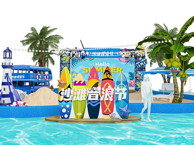 Hello Summer Beach Music Festival With Surfboards Palm Trees And Pool 3d model