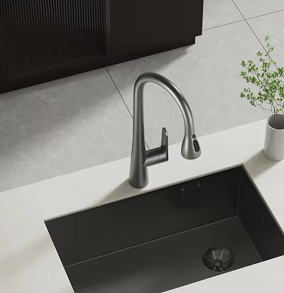 Modern Kitchen Faucet With Black Sink On Light Countertop And Green Plant 3d model
