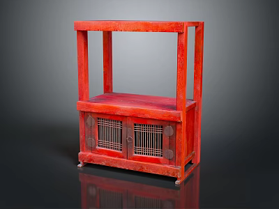 Red Traditional Wardrobe With Open Top Shelf And Grilled Cabinet Doors 3d model