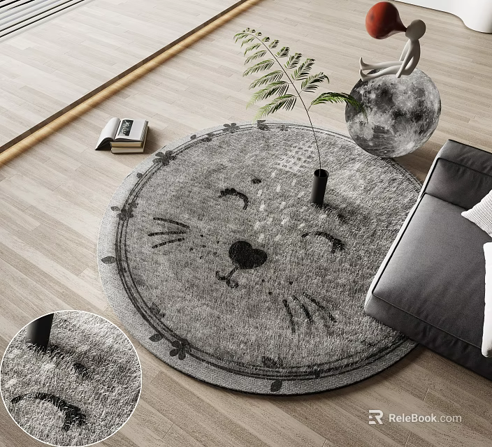 Living Room Decor With Round Gray Area Rug Featuring Cat Face Design 3d model 