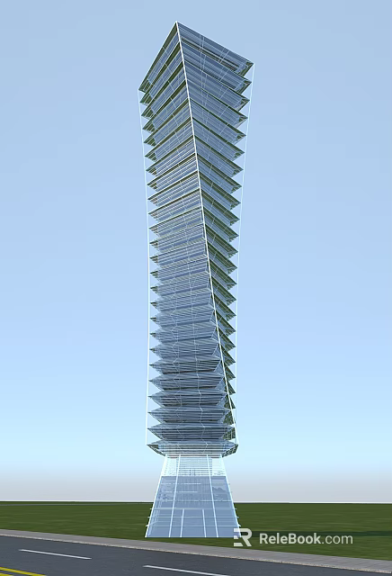 Modern Spiral Tower With Glass Facade Architectural Design Against Blue Sky 3d model 