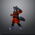 Cartoon Raccoon Character In Red Coat With Goggles Making Peace Sign And Blue Paws Design