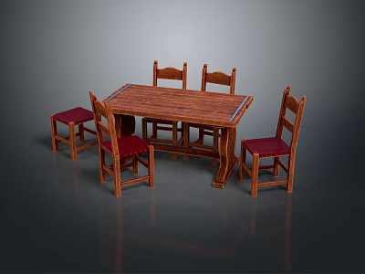 Classic Wooden Dining Table Set With Four Chairs And Red Seat Cushions For Home 3d model