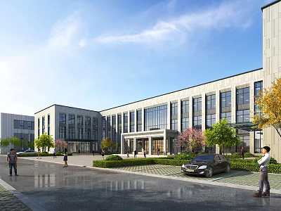 Modern Office Building Exterior With Large Glass Windows Green Trees Lawns Pedestrians And Parked Car 3d model
