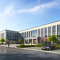 Modern Office Building Exterior With Large Glass Windows Green Trees Lawns Pedestrians And Parked Car