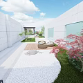Roof Garden Design With Lush Green Plants Stone Paving And Relaxation Area