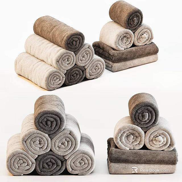 Soft Stacked Rolled Towels In Neutral Beige Brown Gray For Daily Washing Essentials 3d model 