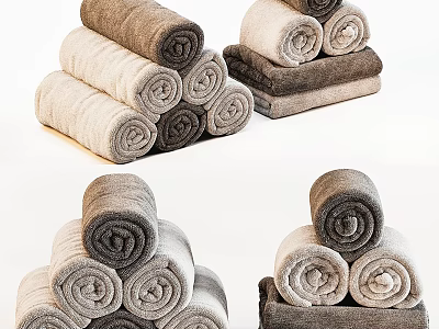 Soft Stacked Rolled Towels In Neutral Beige Brown Gray For Daily Washing Essentials 3d model