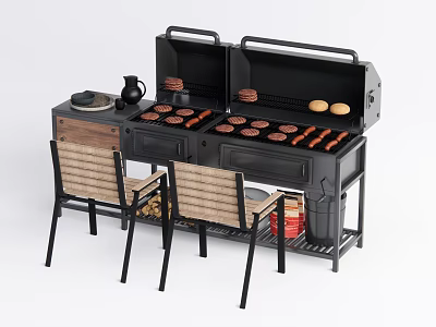 Outdoor BBQ Grill Setup With Grilled Burgers Sausages Bread Rolls And Chairs 3d model