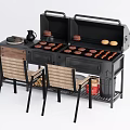 Outdoor BBQ Grill Setup With Grilled Burgers Sausages Bread Rolls And Chairs